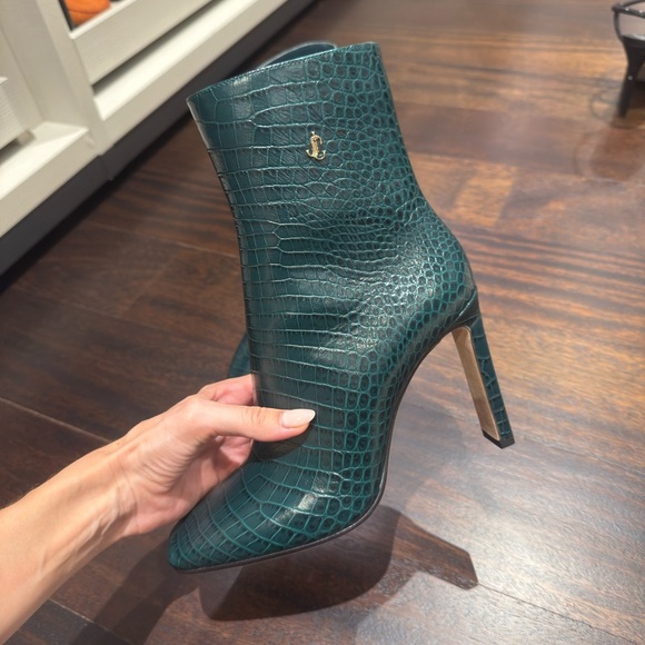 Jimmy Choo Shoes - Jimmy Choo Teal Crocodile-Embossed Heeled Boots